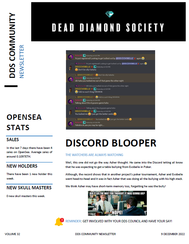 evo_belle's tweet photo. Hot off the press - the @DeadDiamondScty Newsletter is out! Massive thanks to @Biskitz0 for the help in putting this together... Check it out... Huge congratulations to @King_K1W1 this weeks member of the week, well done!🙌 #NFTCommunity #NFTProject #eth #Ethereum #Web3 #ddsarmy https://t.co/ovKgFHZYKo
