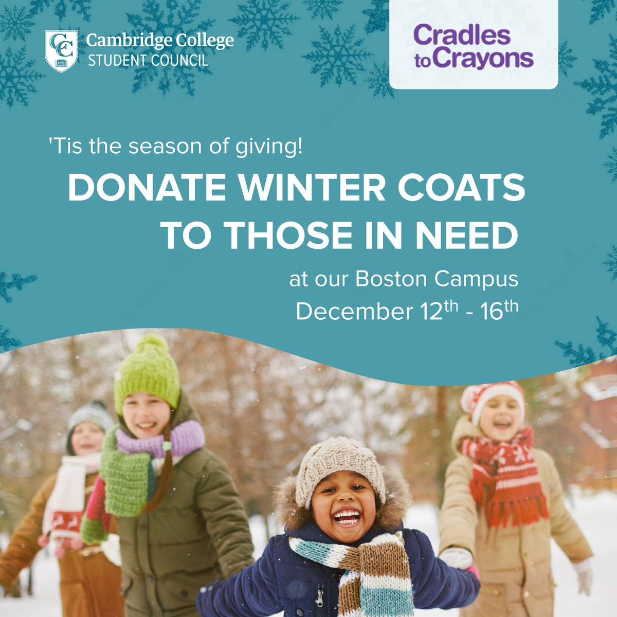 mvasa's tweet image. We have partnered with Cradles to Crayons  to help kids and adolescents in need. Two drop-off bins will be located at the Security Desk at 
500 Rutherford Ave during the week of December 12-16. Join the CC Student Council's efforts to make a difference in children's lives!