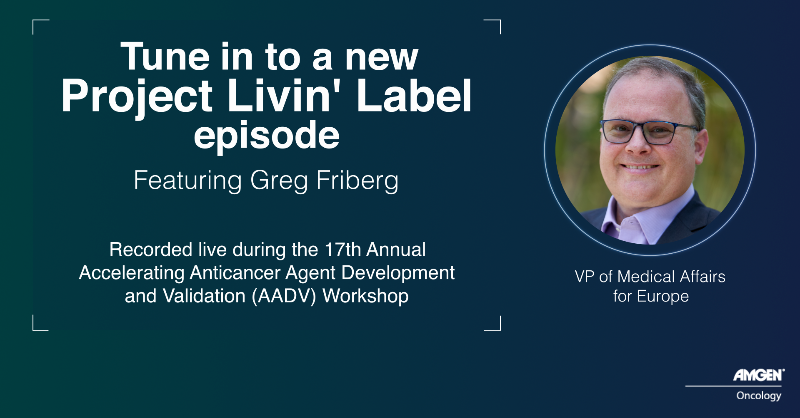 AmgenOncology's tweet photo. Donβt miss @FDAOncology and @AACRβs #ProjectLivinLabel panel with Greg Friberg, @Amgen's VP of Medical Affairs for Europe, discussing our work to bring a first-in-class targeted therapy to patients with KRAS G12C-mutated non-small cell lung cancer. #LCSM