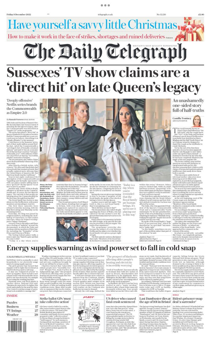 Here is Fridays front page from the: #DailyTelegraph #TomorrowsPapersToday Sussexes claim they are a direct hit on Queens legacy. #HarryandMeghanNetflix