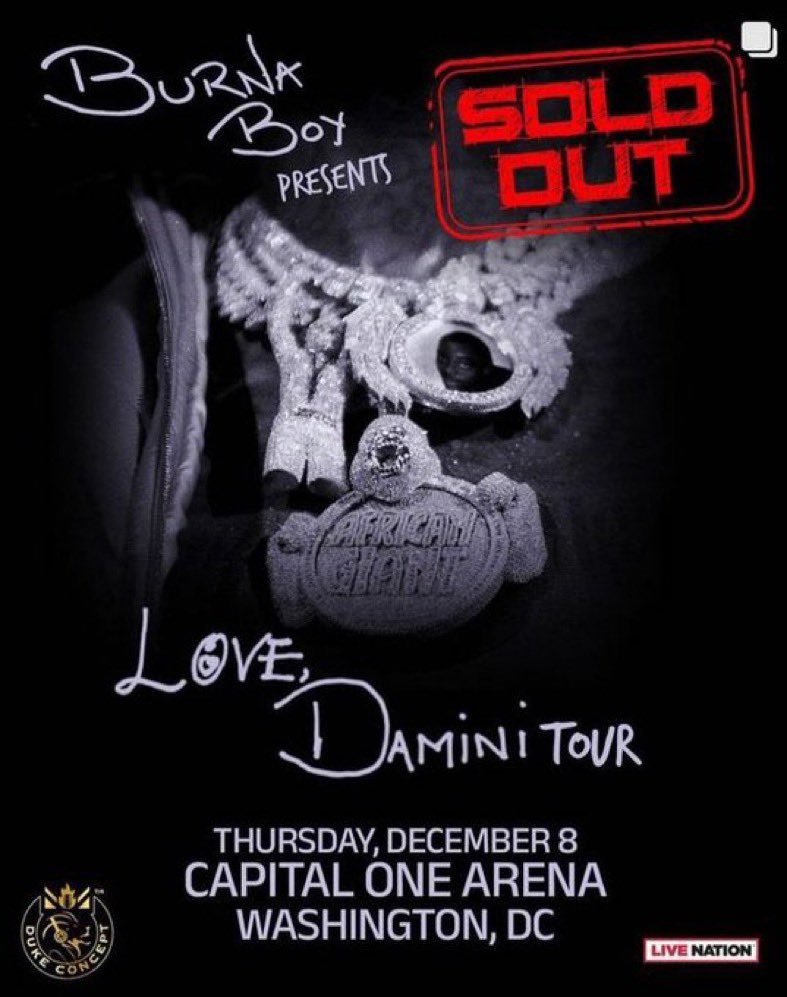 BurnaBoyStats's tweet photo. • Burna Boy’s Love,Damini concert at the Capital one arena In Washington DC USA 🇺🇸 tonight is now sold out!! 

Capacity: 20,356 https://t.co/urQ79GdpWh