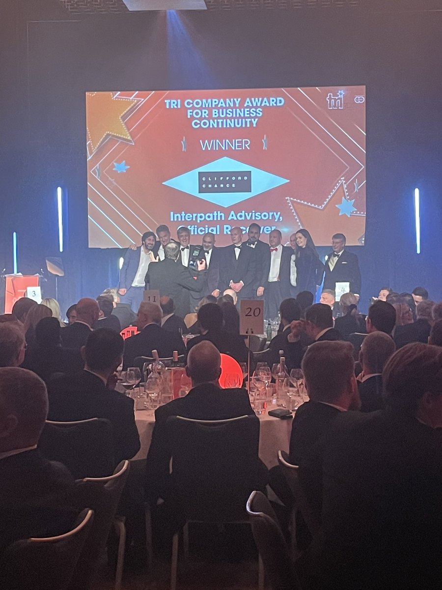 TRIStrategy_'s tweet photo. TRI Company Award for Business Continuity goes to Interpath Advisory, Official Receiver and Clifford Chance at tonight’s #TRIawards https://t.co/l0zXdCHv26
