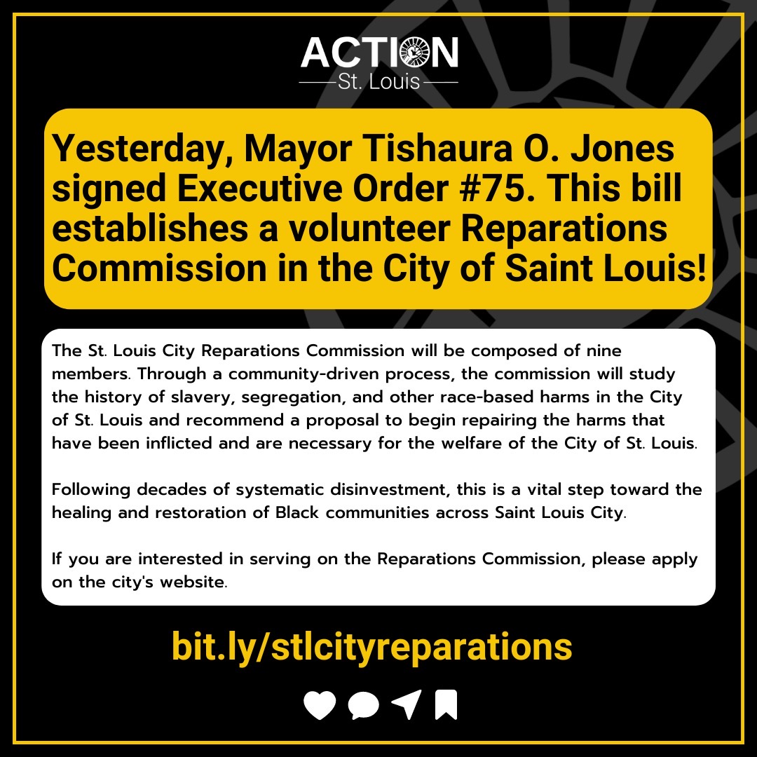 Mayor Jones (<a href="/saintlouismayor/">Mayor Cara Spencer</a>) signed Executive Order 75, establishing a volunteer Reparations Commission in #STLCity! 👏🏾✅

+25 #STL groups have jointly called on the administration to do this.

Apply to serve on the City-led Commission:

bit.ly/stlcityreparat…

#STLreparations