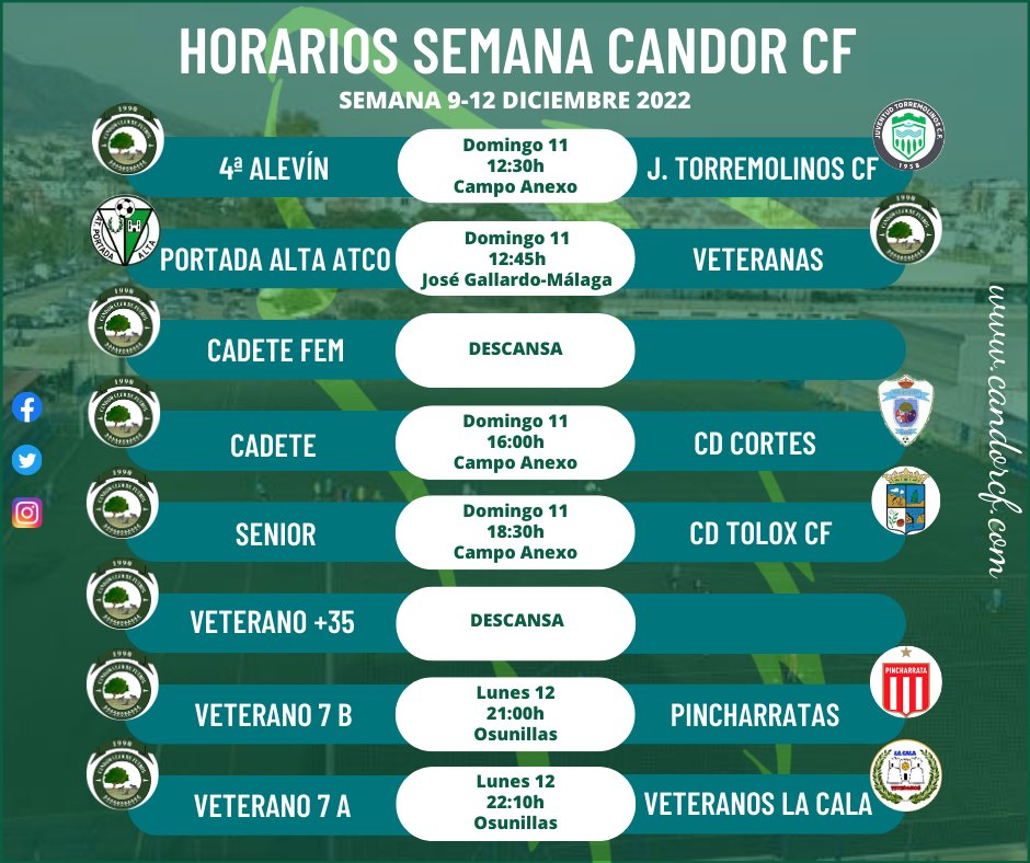 Candor_CF's tweet photo. 🟢 Horarios Candor CF 🟢
Os dejamos los horarios de los diferentes equipos del club para los días 9 a 12 de diciembre.
#CandorCF #MeQuedoContigo #creandoclub #HorariosCandorCF https://t.co/0CtLwH4ZvA