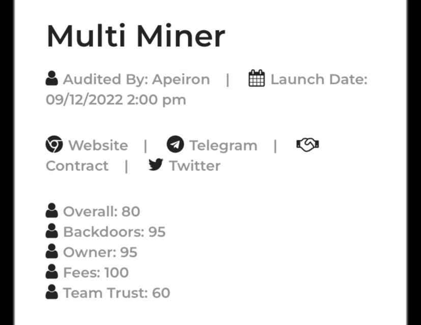 MultiMinerBsc's tweet photo. Our Audit with #TheStamp is done! As expected we score high.

https://t.co/qj6wBjijOa

Site:  https://t.co/RjMuDmtjW1
Telegram: https://t.co/Rg5CTcfnIY

#MultiMiner #TheStamp #Audit #BNB #Binance #Bitcoin #Ethereum #passiveincome #BSCGems #Cryptocurency https://t.co/Trt9bSwJCN
