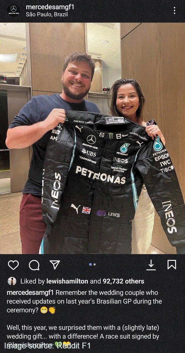 [Reddit F1]
Mercedes AMG gift couple a race suit signed by Lewis Hamilton (more details in comments)
#F1 #LewisHamilton #MercedesAMGF1  #Formula1 #F1News

https://t.co/wZo97FYpjE https://t.co/hoAkRwsCrX