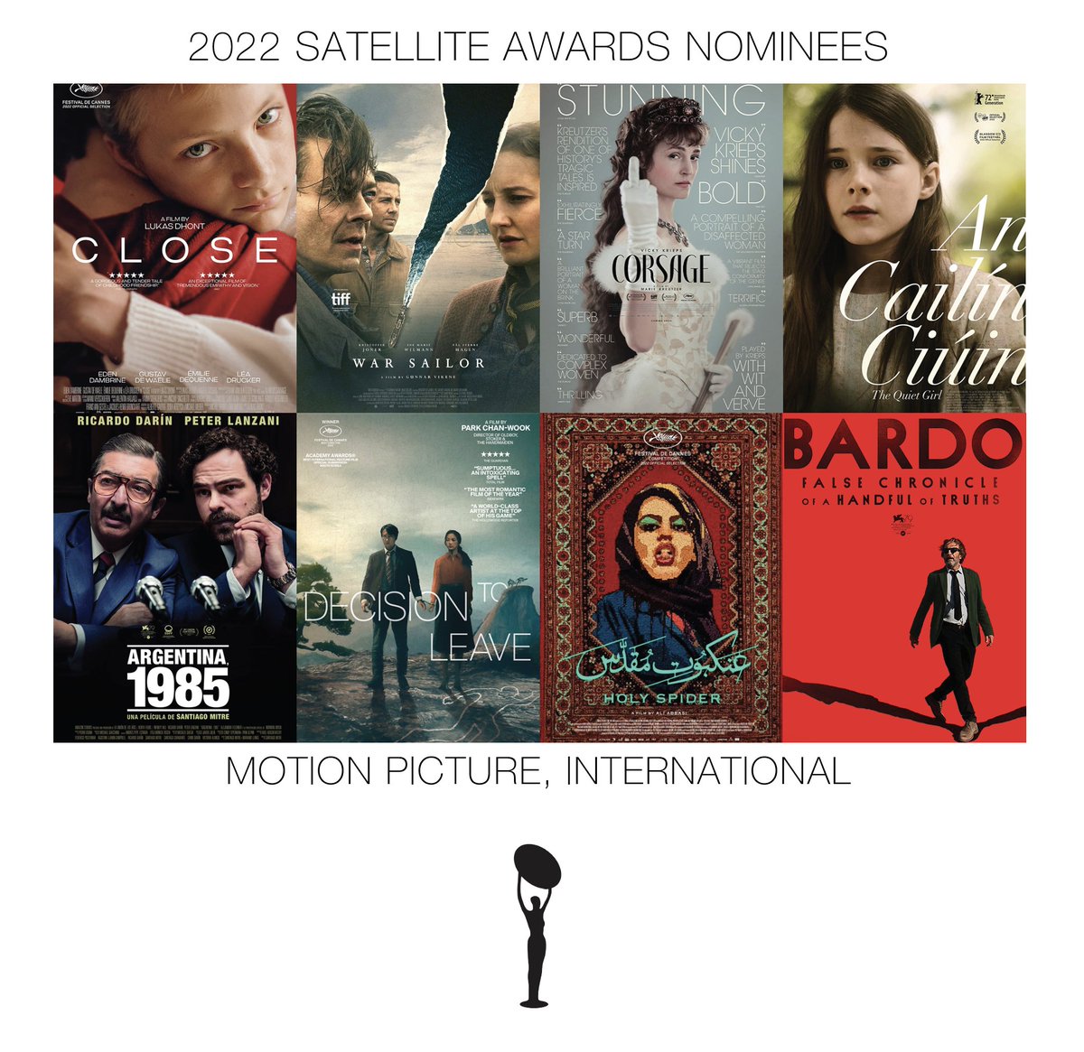 2022 Satellite Awards Nominations
MOTION PICTURE, INTERNATIONAL
• Close #CloseFilm
• War Sailor #WarSailor
• Corsage #Corsage
• The Quiet Girl #TheQuietGirl
• Argentina, 1985 #Argentina1985
• Decision to Leave #DecisionToLeave
• Holy Spider #HolySpider
• Bardo #Bardo