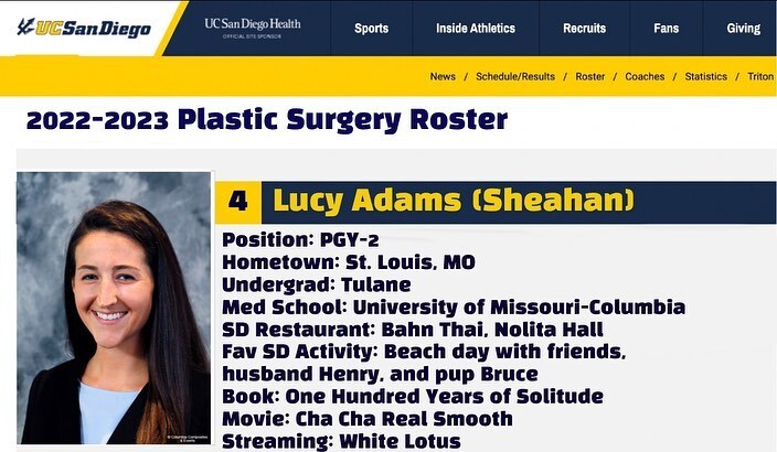 Batting clean-up, is perennial MVP contender, Lucy. She’s also a fan favorite. Get to know Lucy who says her favorite things about UCSD are “my coresidents and faculty are like family in addition to the diverse patient population.”
.
.
#acapsedu #plastic… instagr.am/p/Cl7J-YFPfG9/