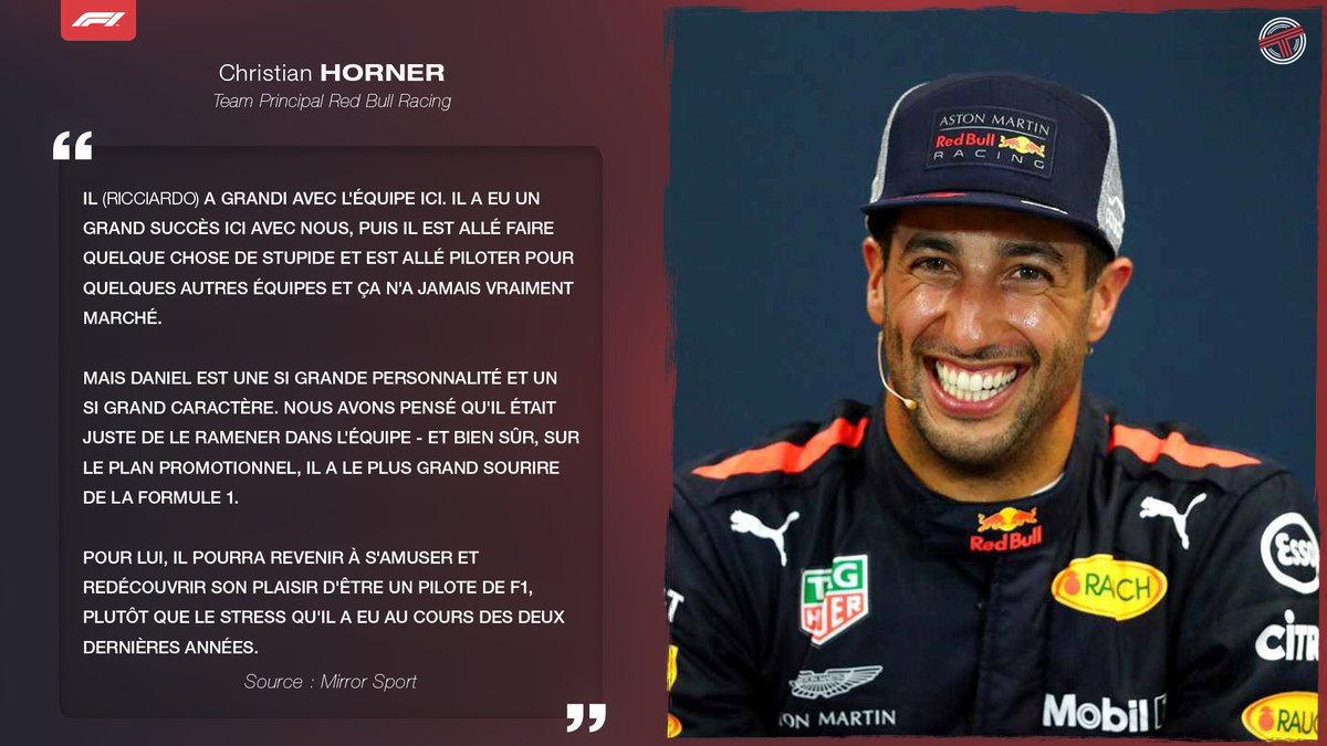 TearOffFR's tweet photo. 🔴 Daniel Ricciardo a fait quelque chose de "stupide" en quittant Red Bull la première fois affirme Christian Horner ! 😅

💬 "Nous avons pensé qu'il était juste de le ramener dans l'équipe."

(🗞 @MirrorSport / #F1) https://t.co/Hjc8Y6IvAd