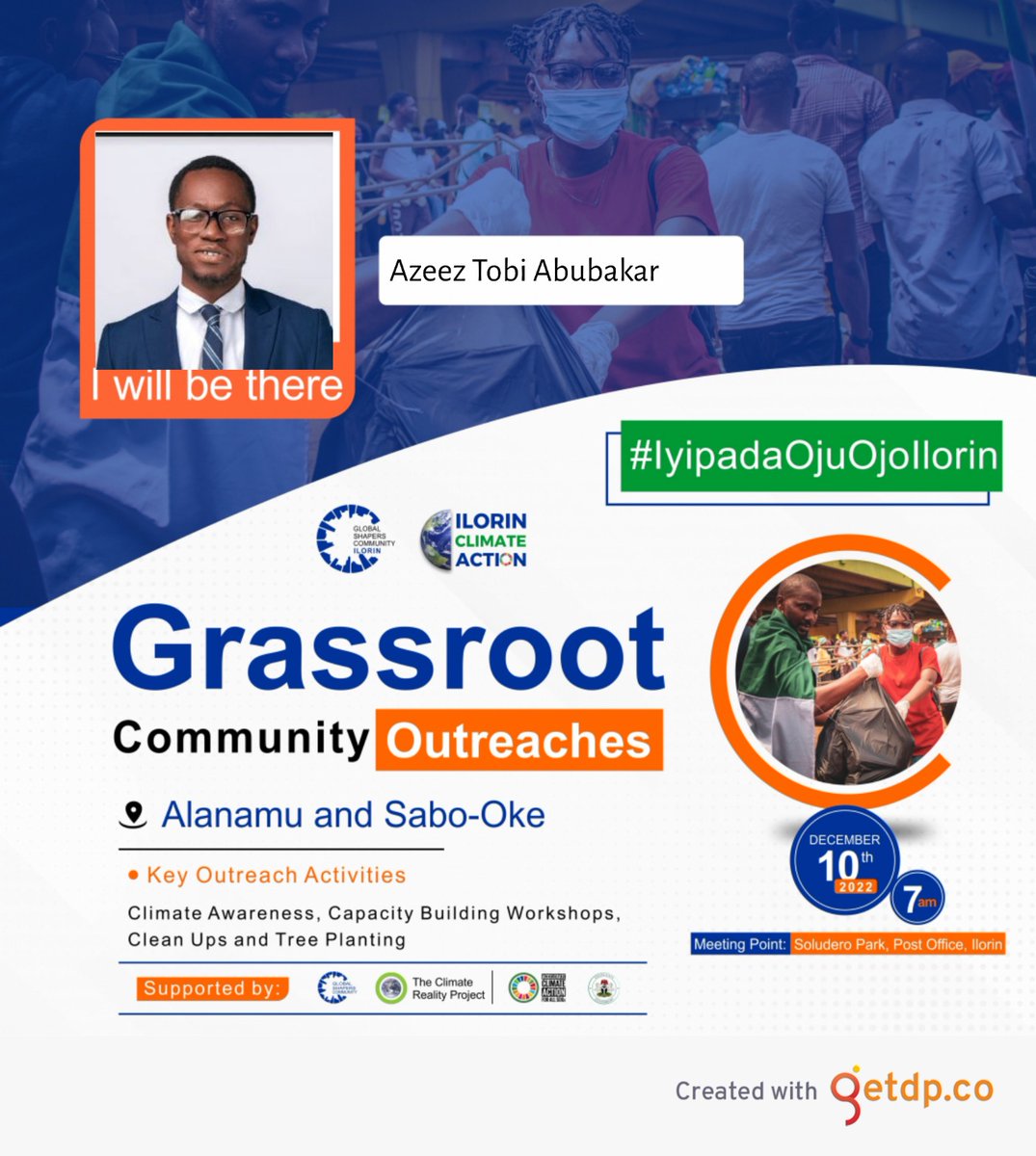 I will be at the #IlorinClimateAction Community Outreaches this Saturday, 10 December in Sabo-Oke and Alanamu, Ilorin.

Join me and let's take local action to help protect our environment: getdp.co/ICA

#IyipadaOjuojoIlorin #ClimateChange