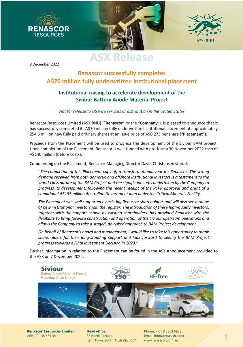 Renascor_ASX's tweet image. @Renascor_ASX has #successfully completed its $70 million fully underwritten institutional placement of approximately 254.5 million new fully paid ordinary #shares at an issue price of A$0.275 per share placement. To read more, go to renascor.com.au/wp-content/upl…. 
#SiviourProject $RNU