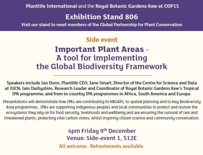 <a href="/IanPlantlife/">Ian Dunn</a> @PlantlifeInt <a href="/alexsobel/">Alex Sobel MP for Leeds Central and Headingley</a> <a href="/kewgardens/">KewGardens</a> @KewScience @KewAmericas All are welcome to join @PlantlifeInt &amp; <a href="/kewgardens/">KewGardens</a> for an exciting Friday #COP15 event examining #ImportantPlantAreas. We've assembled a terrific panel chaired by <a href="/IanPlantlife/">Ian Dunn</a>
🗓️9 Dec
⏰16:00 EST (21:00 GMT)
📌Side-event 1, 512E
cbd.int/side-events/48…
💻cbd.interactio.com/mbkc-mufi-vcb3