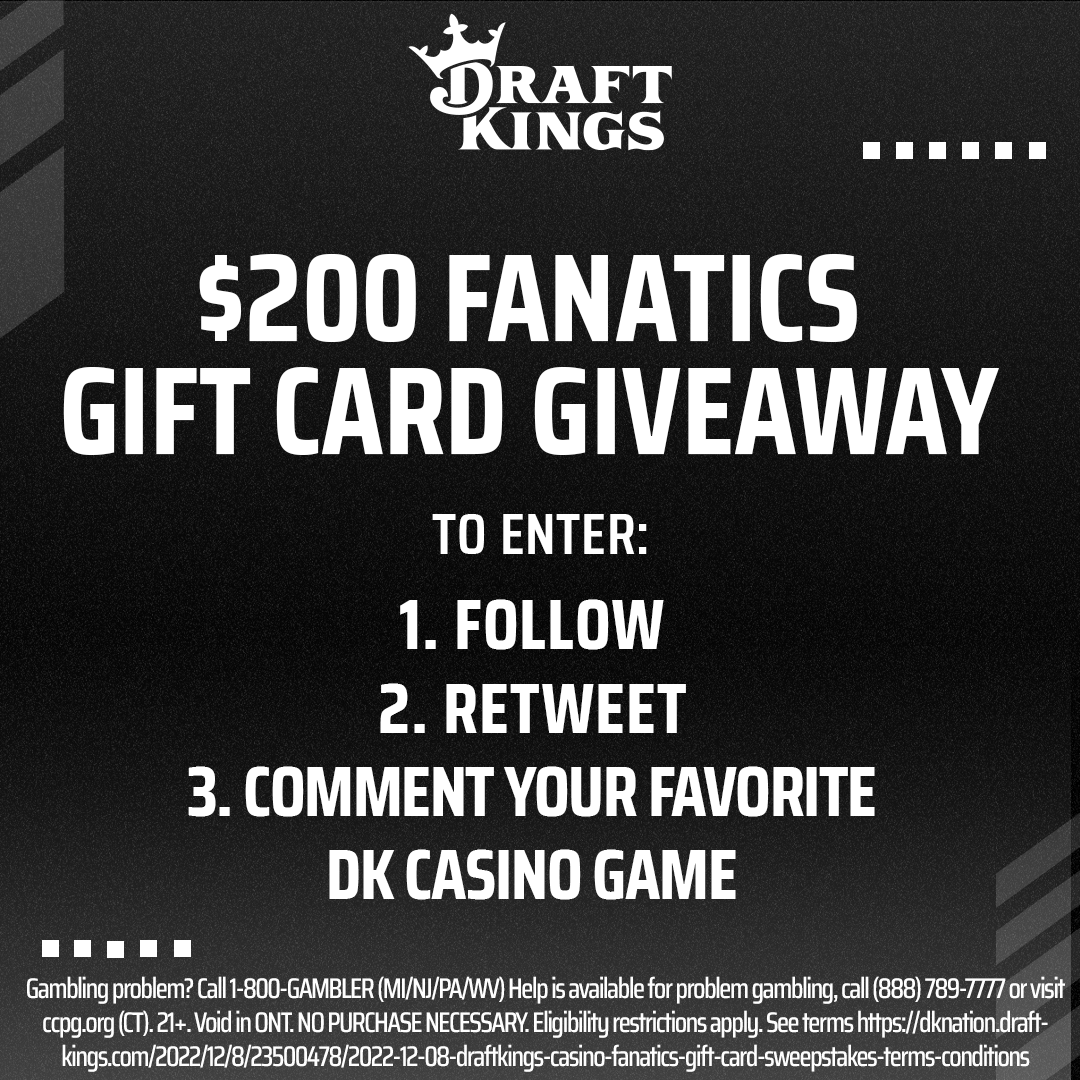 DKCasino's tweet photo. 🚨🚨  IT'S GIVEAWAY TIME 🚨🚨

We're giving away FIVE Fanatics Gift Cards. To enter, simply: 

1. Follow @DKCasino.
2. Retweet this post. 
3. Comment your favorite DraftKings Casino game.

Terms &amp; conditions apply (Ends 12/11): https://t.co/UJwOys8JN7 https://t.co/2jNcUSxBFi