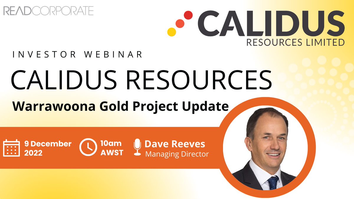 RR_Stars's tweet photo. #Calidus Resources MD, Dave Reeves, will provide an update on its #Warrawoona Gold Project at an #Investor #Webinar, TODAY Friday, 9 December 2022, at 10:00am AWST.
Register to watch here:
https://t.co/5TNgDYZruP
#CAI #gold #producer #update https://t.co/geITQ72V4G