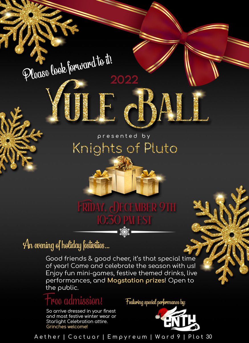 knights_pluto's tweet photo. ❄️YOU'RE INVITED!❄️ The first annual PLUTO YULE BALL! An FFXIV night of dancing, music, prizes and games! Cactuar, Empyreum, Ward 9, Plot 30. FREE ADMISSION #FFXIV #FF14 #finalfantasyxiv #ffxivvenues #ffxivclub #freecompany #gaymer #lgbtgame https://t.co/u9PACDm0VD