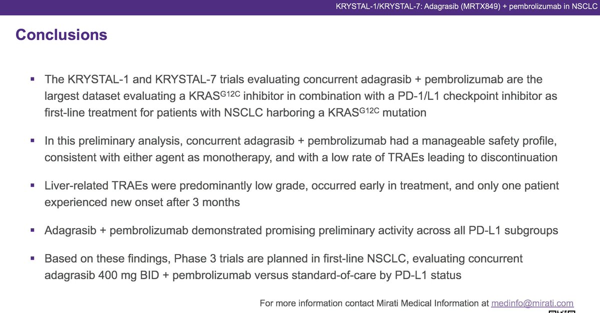 Adagrasib + pembrolizumab as first-line treatment for patients with NSCLC harboring a KRASG12C mut. Excellent response rates with manegeable toxicity. Very proud to participate  in the KRYSTAL7 trial @Hospital_FJD @UAM_Madrid @myESMO @KRASKickers #ESMOImmuno22 @OncoAlert #LCSM