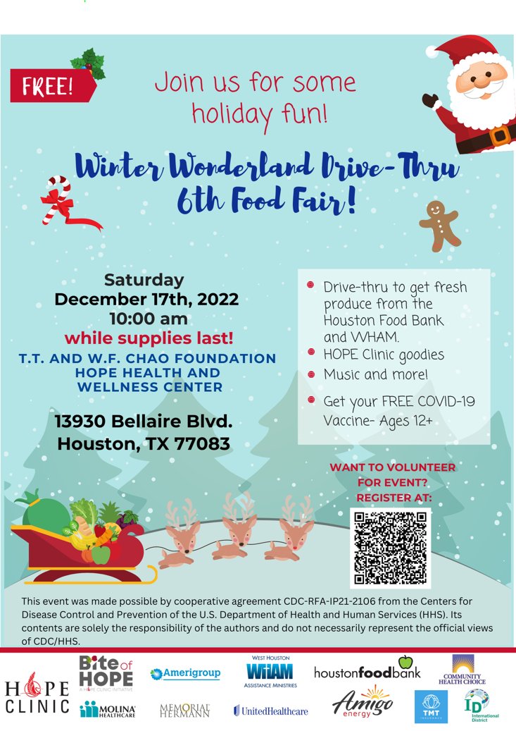 SAVE THE DATE! Join the Winter Wonderland Drive-Thru Food Fair on Saturday, December 17. There will be FREE produce from the Houston Food Bank and WHAM, FREE Covid-19 vaccinations for children ages 12+, HOPE Clinic goodies, music and more. #hounews #SD13 #txlege