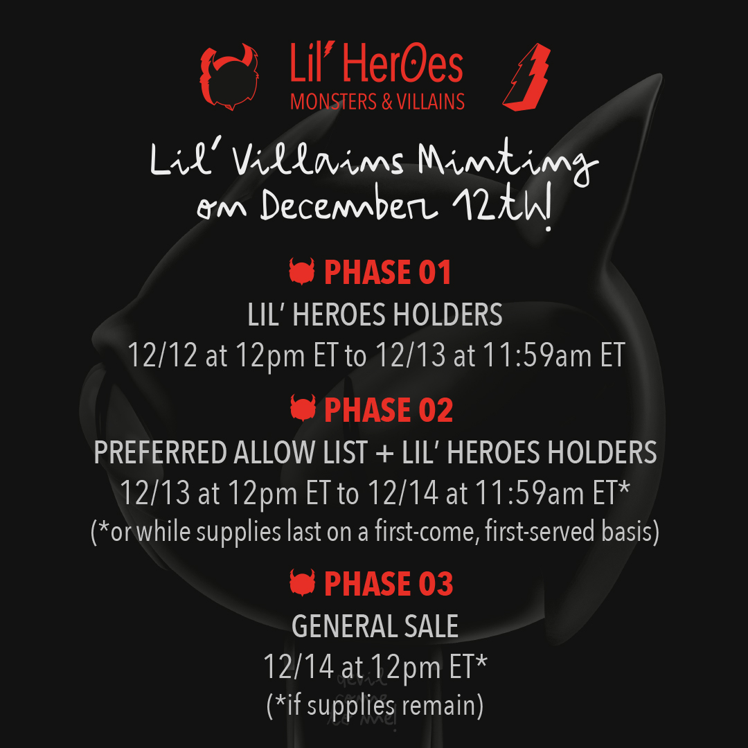 LilHeroesNFT's tweet photo. Mark your calendars, set your alarms, tell your friends, send a homing pigeon...Lil' Villains are finally here! 

Check our Discord for more updates as we get closer. See you there 😈

#lilvillainsmint #lilheroes #lilheroesuniverse #lilvillains #nft #nfts https://t.co/glhalxLACI