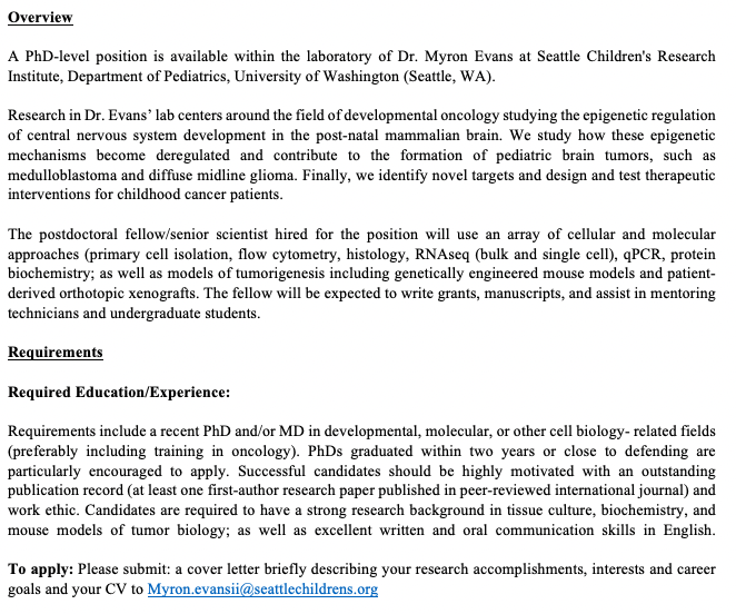 The Evans Lab is hiring!! Looking for postdocs and senior scientists to take on some exciting projects in epigenetic regulation of development and tumorigenesis! 

<a href="/seattlechildren/">Seattle Children's</a> is a fantastic place to work and you get to join an awesome team in our center
