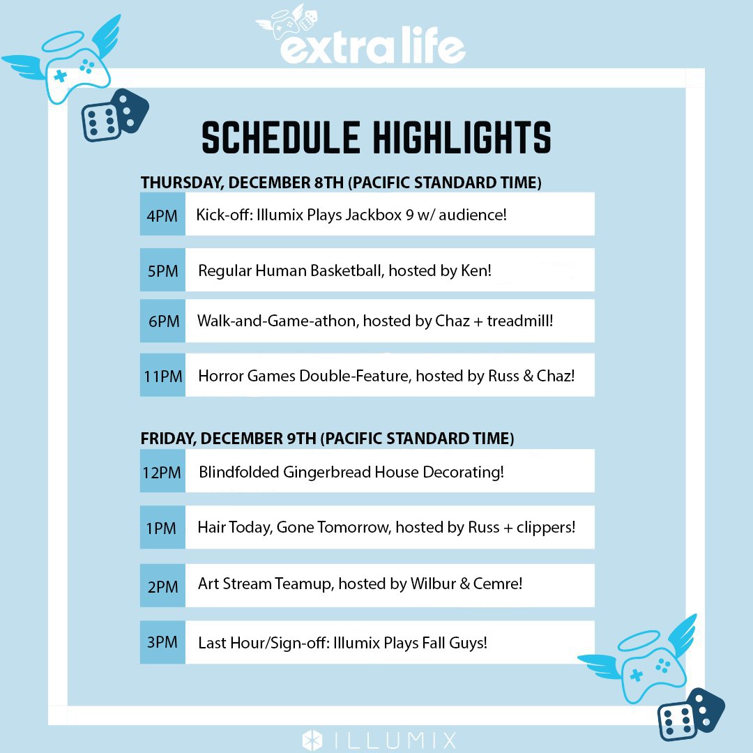 Illumix's tweet photo. Join us today at 4 pm PT to kick off Illumix’s 24hr Extra Life Stream!

😎 You can donate and check out our full schedule here: https://t.co/1j4ATALlnw

👀 View all our live streams here: https://t.co/vVnqWk8sNP https://t.co/ELuCZFADOy