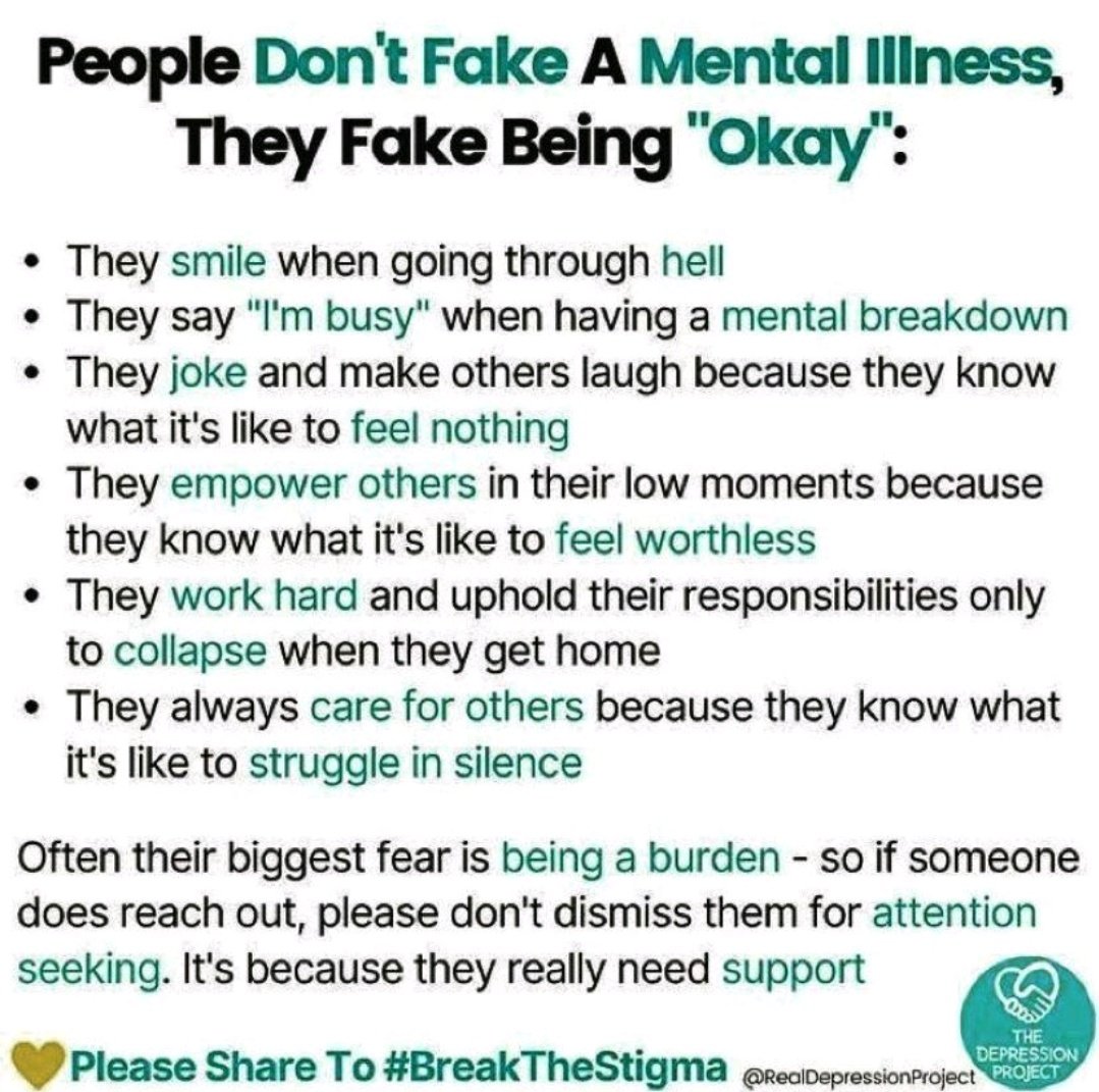HermAllen's tweet photo. An awareness post...for you and those around you, especially loved ones! 

While I don't have a mental illness I can definitely identify with a few of these. We're all vulnerable and susceptible.

#mentalhealth #mentalwellness #emotionalhealth #emotionalwellbeing https://t.co/x6xA8uVmIx