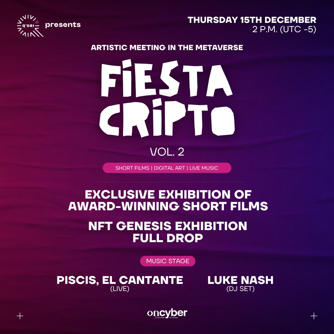 QoriProject's tweet photo. We are very happy to announce the second edition of Fiesta Cripto, this time in the metaverse! See you this Thursday 15th December, stay tuned to our social networks #FiestaCripto https://t.co/EVYspqfQaN