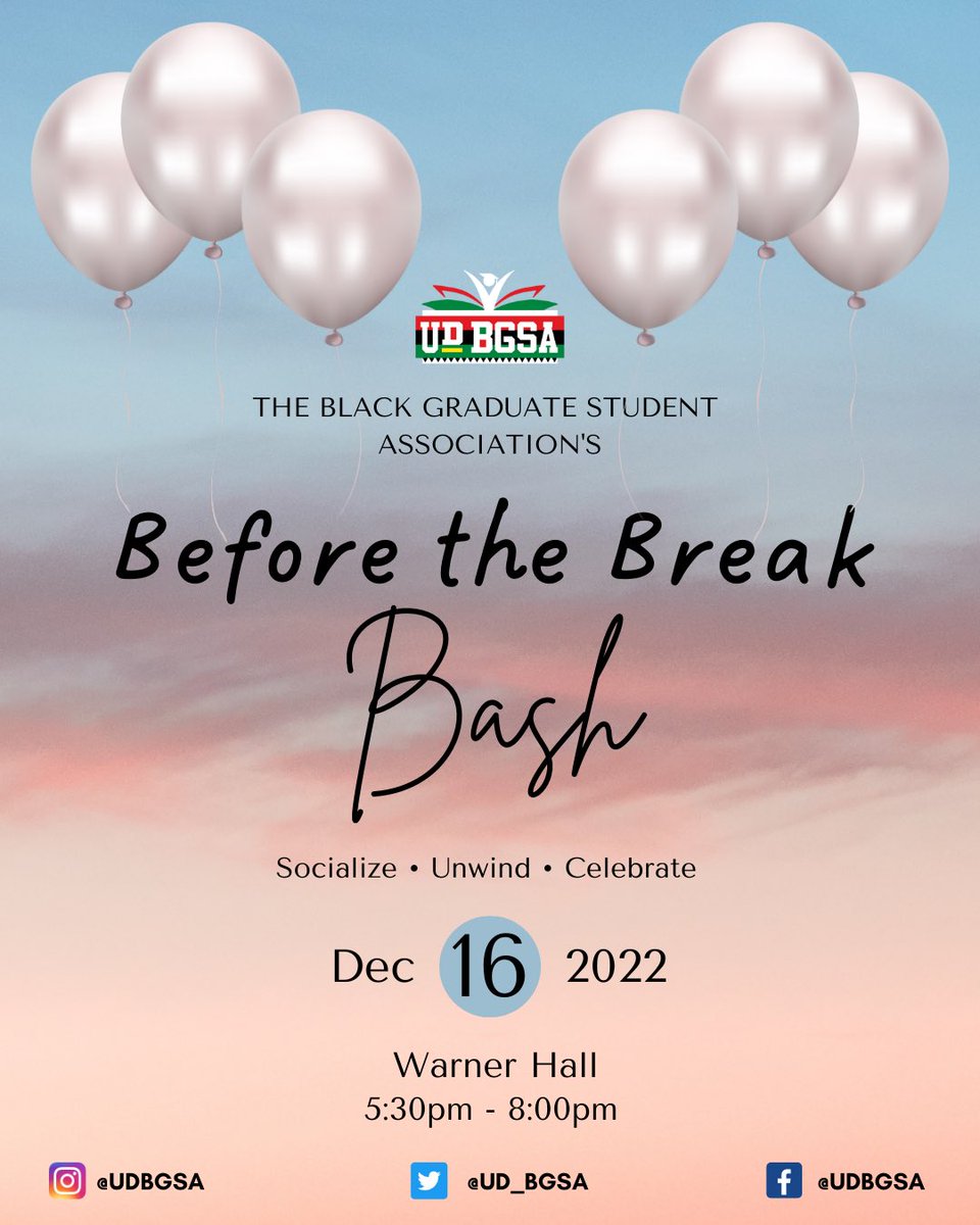 ud_bgsa's tweet photo. Join BGSA for our Before the Break Bash next Friday, December 16th from 5:30pm to 8pm! ✨🎉 We will be unwinding and socializing after a long semester with food, music, games and a Mental Health 101 session with Dr. Rae Chresfield! Open to graduate and undergraduate students! https://t.co/vFFzHdSrMo