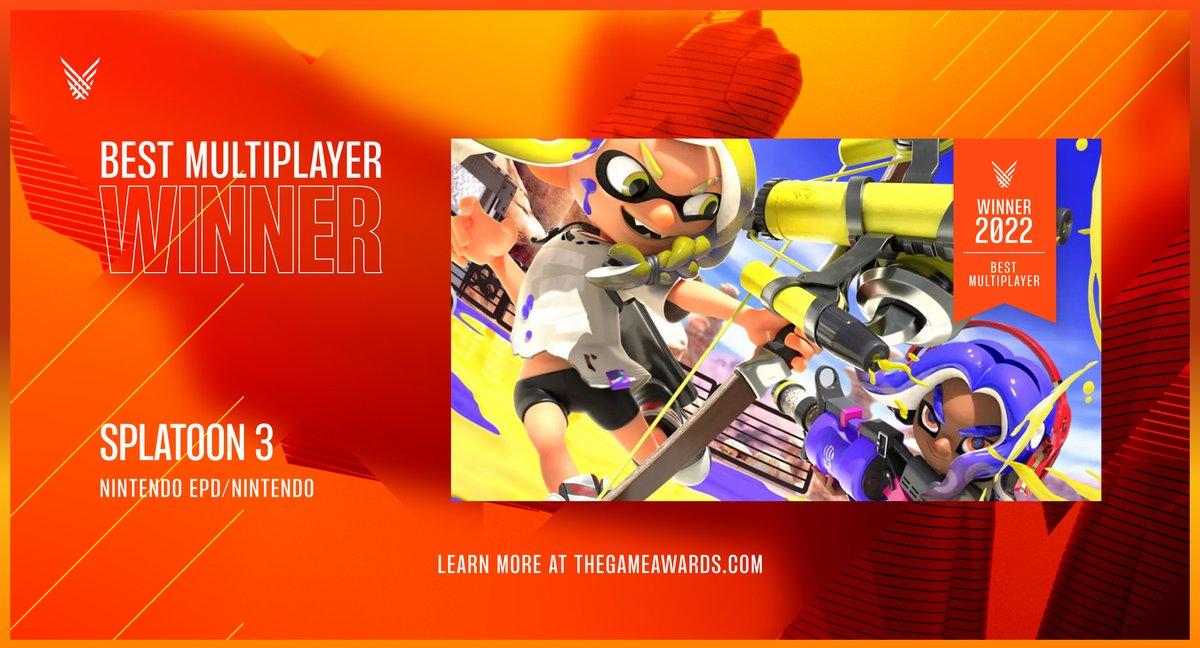 thegameawards's tweet image. Congratulations to the Best Multiplayer Game of 2022, Splatoon 3! @splatoonNA @NintendoAmerica #TheGameAwards