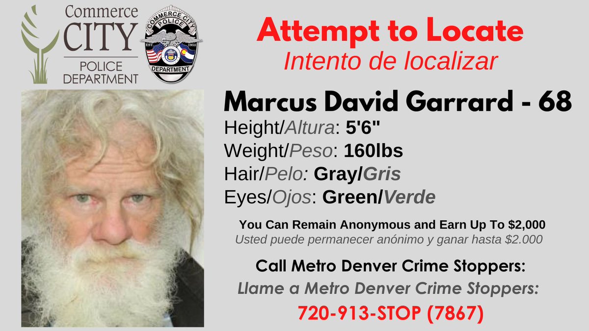 CommerceCityPD's tweet photo. CCPD is attempting to locate Marcus Garrard, a person of interest in a homicide that occurred on 12/6.

With any information, please call Crime Stoppers at 720-913-7867.

For more information, visit https://t.co/bgp6uREAZI

@CrimeStoppersCO https://t.co/Jh4sgguxQC
