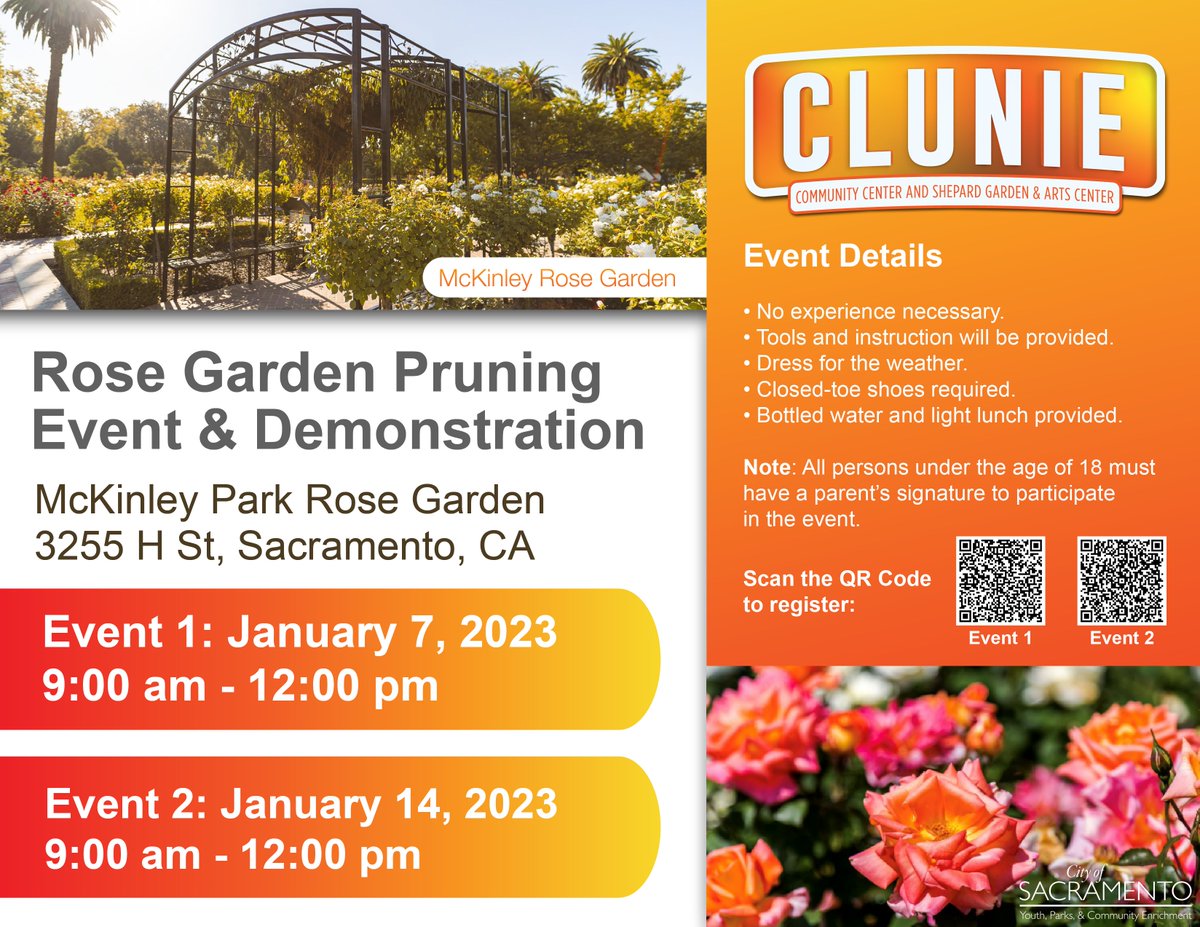 Clunie Community Center and Shepard Garden and Arts Center
Rose Garden Pruning Event and Demonstration at McKinley Park Rose Garden
3255 H St. Sacramento, CA