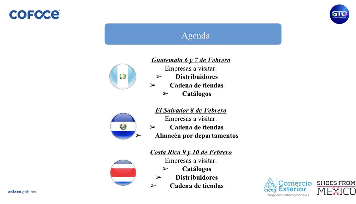 dansepulvedac's tweet image. Te invitamos a diversificarte y desarrollar nuevos nichos de mercado con @cicegGTO y @COFOCE, mediante la participación de tu empresa en la GOC 2023 a Guatemala 🇬🇹, El Salvador 🇸🇻 y Costa Rica 🇨🇷 🌐👞

Info ℹ️ 
@shoesfrommexico 
@ediths82