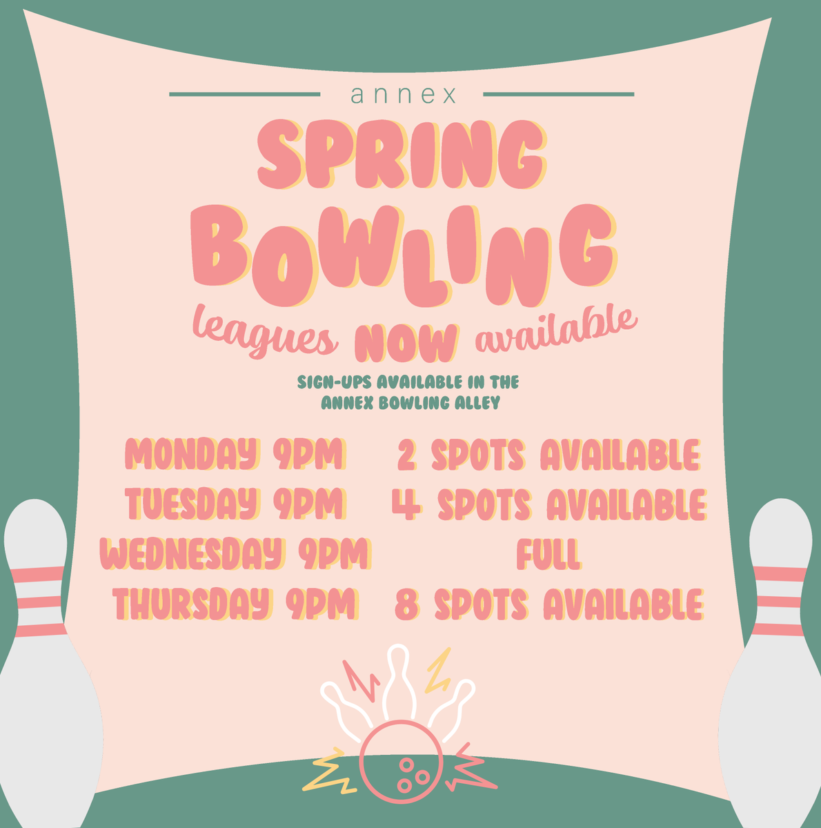 MUannex's tweet photo. Spring Bowling League Availability! https://t.co/rQRyIkt8zW