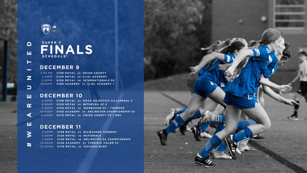 #SuperY FINALS begin tomorrow! Here’s what the weekend looks like for #MUFC teams down in Florida! 🔵

Good luck, United! 🔵

#MidwestUnitedFC #WeAreUnited