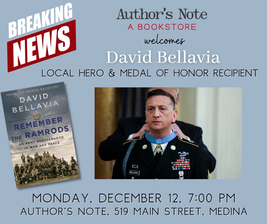 THIS JUST IN: We just received confirmation that Author's Note will be hosting David Bellavia this coming Monday, December 12, 2022 at 7:00 p.m. at the bookstore, 519 Main Street, Medina. Call 585-798-3642 or visit authorsnote.com/events/22162 to reserve your copy, and have it signed!