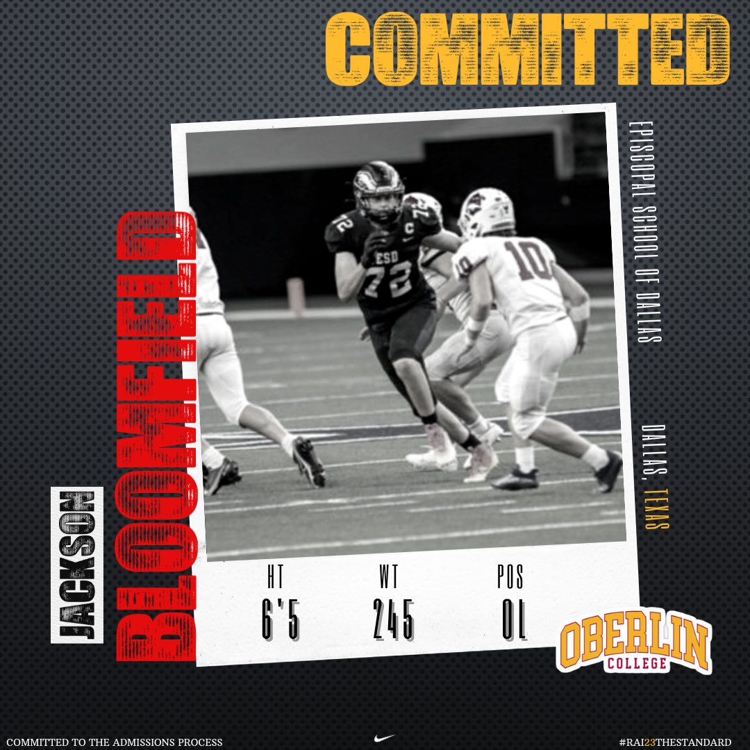 Blessed to announce my commitment to Oberlin College! Let’s roll! <a href="/Yeo_Football/">Oberlin Football</a> <a href="/CoachRLaurel/">Rahsaan Laurel</a> <a href="/CoachMelhorn/">Tyler Melhorn, CSCS</a> @CoachO_YEOFB <a href="/ESDFootball_/">Episcopal School of Dallas HS Football</a> <a href="/ESD_strength/">ESD Sports Performance</a> @Jachalp3 <a href="/CoachSwinford/">Coach Jordan Swinford</a> <a href="/BrockA_FB/">Brock A</a>