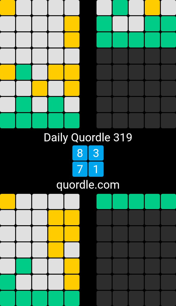 Daily Quordle 319
8️⃣3️⃣
7️⃣1️⃣
quordle.com