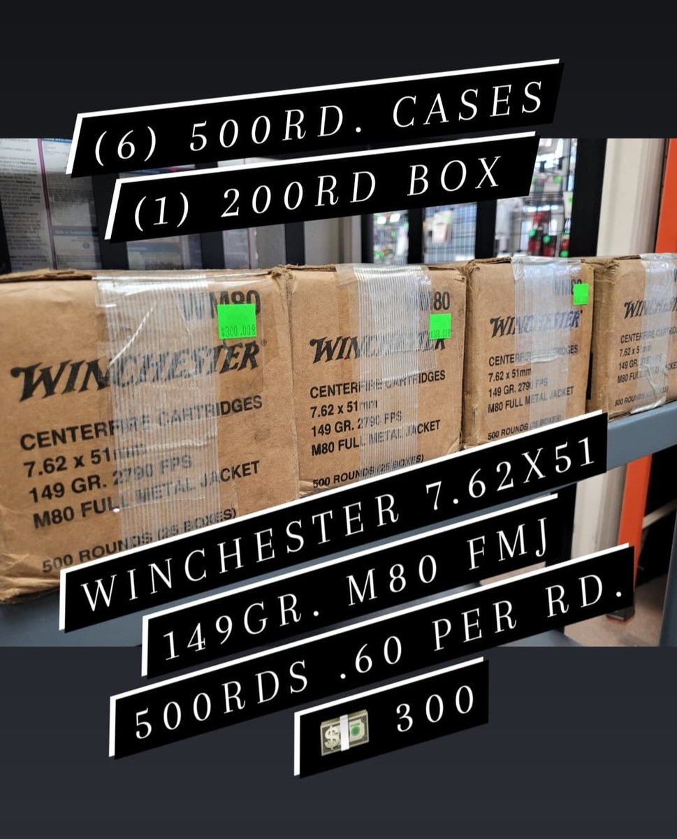 JuggernautArms's tweet photo. #DailyDeal #Juggernautarms
Winchester White Box 7.62x51
$300 per case 500rds! https://t.co/iIoPK3iOIF