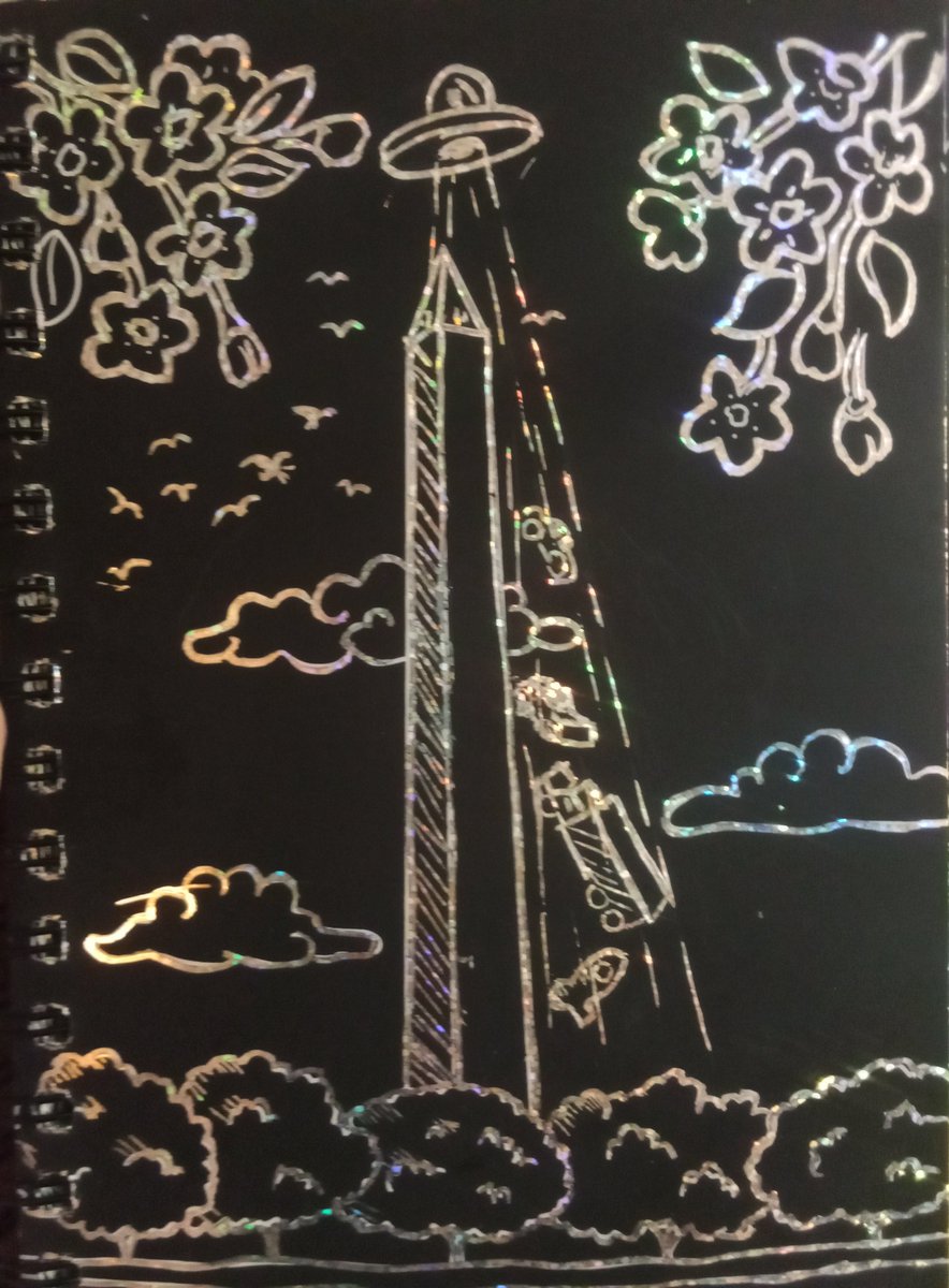 PostforAniah's tweet photo. A Scratch and Sketch, National Parks book provided part of the drawing. A creative kid added more elements to the picture. https://t.co/5BzMH2Fu8Y