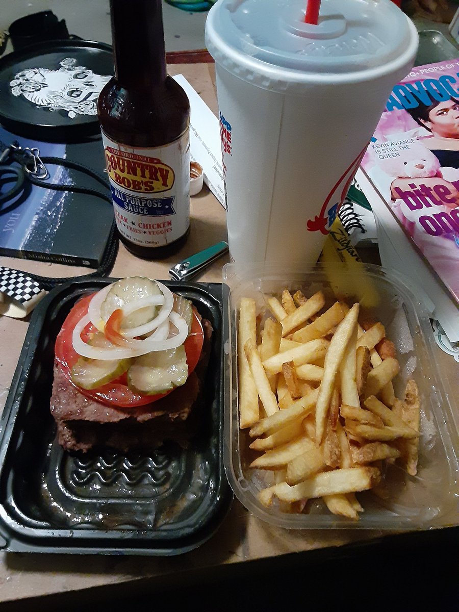 Dinner: burger with veg, fries, Country Bob's, unsweetened tea