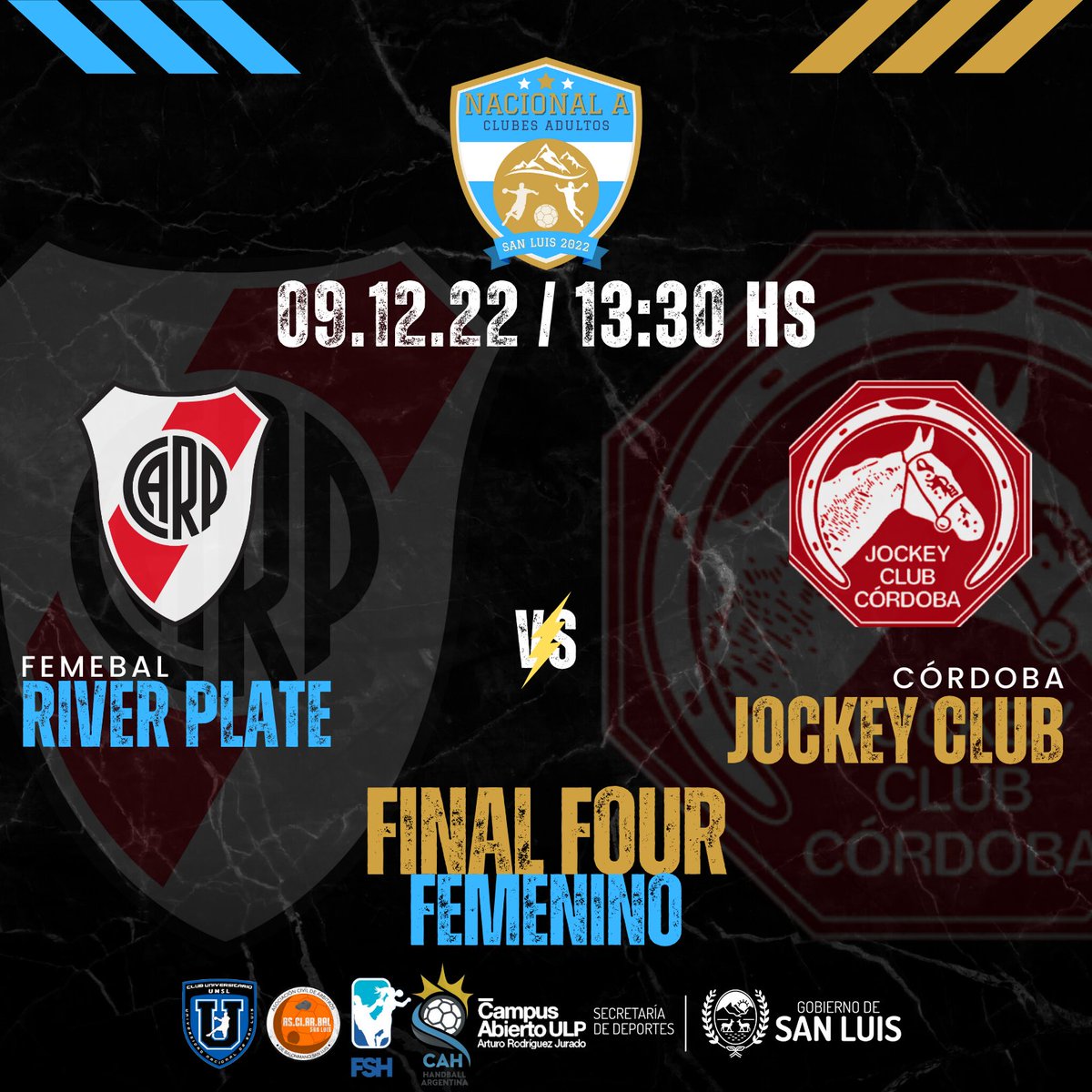 TORNEO NACIONAL ADULTOS "A" SAN LUIS 2022

Final Four del torneo en la Rama Femenina:

Ferro Carril Oeste 🚂 vs CID de Moreno 🔵🔴.

Club Atlético River Plate  🐔🔴⚪️ vs Jockey Club Córdoba 🐴

#AdultosA
@cahandball
<a href="/deportes/">deportes</a>.sanluis
@campusabiertoulp
@clubunsl