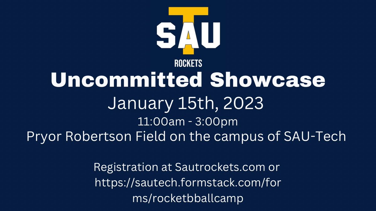 Uncommitted Recruits: First <a href="/SAUT_BSB/">Rocket Baseball</a> Showcase of 2023. Can register online or at sautech.formstack.com/forms/rocketbb…. Looking forward to seeing some future rockets. 🚀

(Feel free to share)