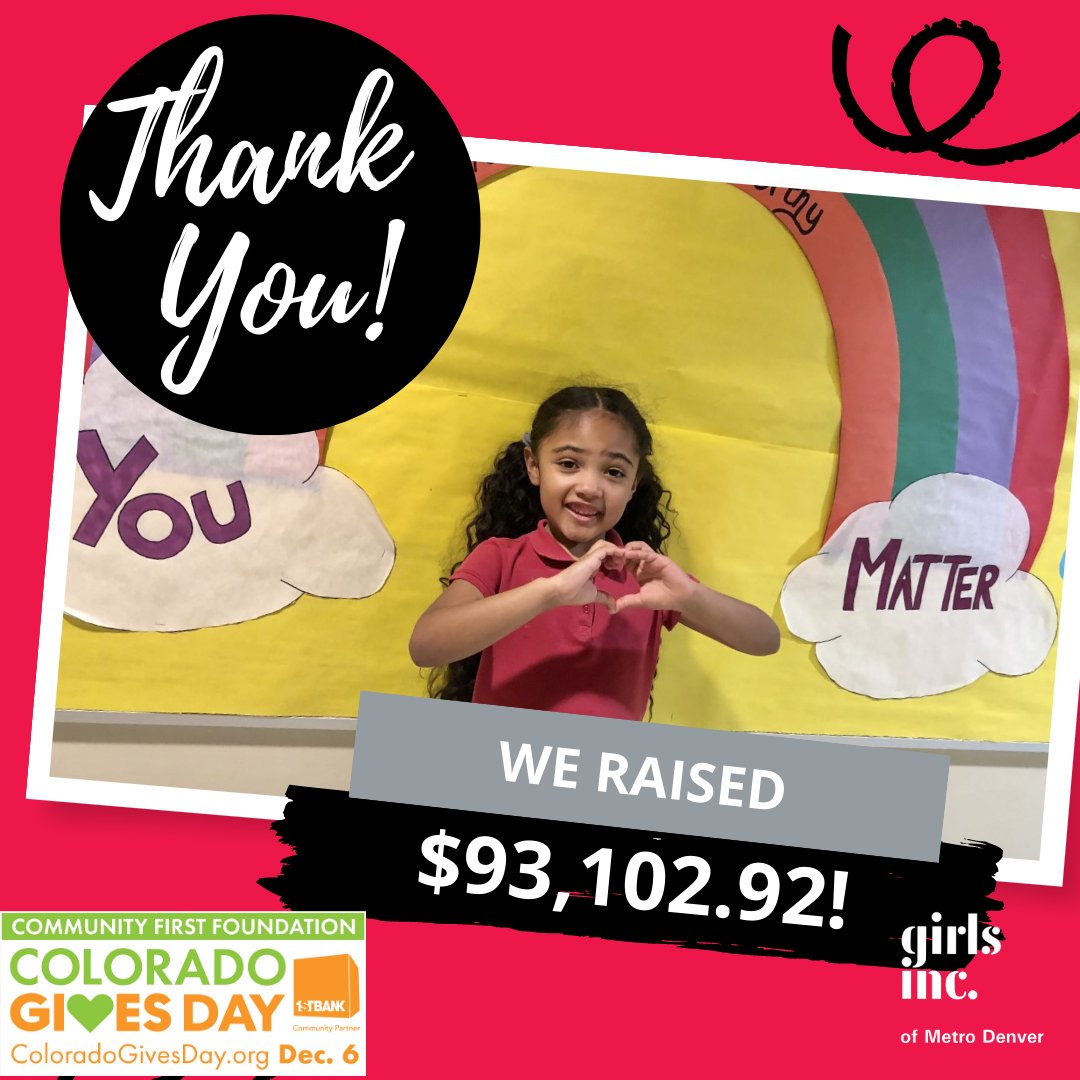 GirlsIncDenver's tweet photo. A huge thank you to our community of supporters for letting girls know they matter! Because of your generosity, we raised over $90K on Colorado Gives Day to ensure girls continue to have access to life-changing programs that inspire them to grow strong, smart, and bold! https://t.co/4SqowT0fEp