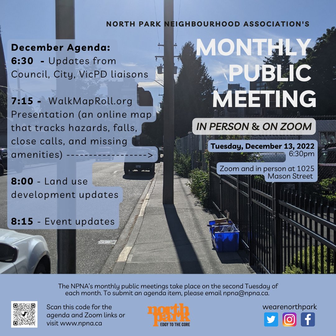 Our last monthly meeting of the year is next Tuesday, December 13th! And we'd love to see you there! 

📍1025 Mason Street OR on Zoom
📅 December 13, 6:30pm 
🔗 npna.ca/about/docs/ (agenda, Zoom link, and past meeting notes)