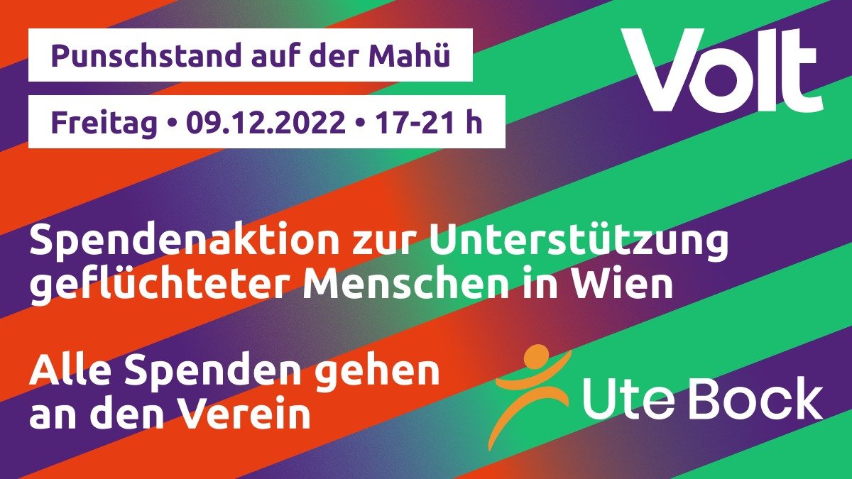 Volt Österreich (@voltoesterreich) on Twitter photo Wir wollen wieder Spenden für den <a href="/vereinutebock/">Flüchtlingsprojekt Ute Bock</a> sammeln, der sich um geflüchtete Menschen in #Wien kümmert. Dafür werden wir am 9.12. einen Punschstand vor der Mariahilfer Straße 86 haben. Kommt vorbei, spendet fleißig und informiert euch über den Verein und <a href="/volteuropa/">Volt Europa</a>! Wir wollen wieder Spenden für den <a href="/vereinutebock/">Flüchtlingsprojekt Ute Bock</a> sammeln, der sich um geflüchtete Menschen in #Wien kümmert. Dafür werden wir am 9.12. einen Punschstand vor der Mariahilfer Straße 86 haben. Kommt vorbei, spendet fleißig und informiert euch über den Verein und <a href="/volteuropa/">Volt Europa</a>!