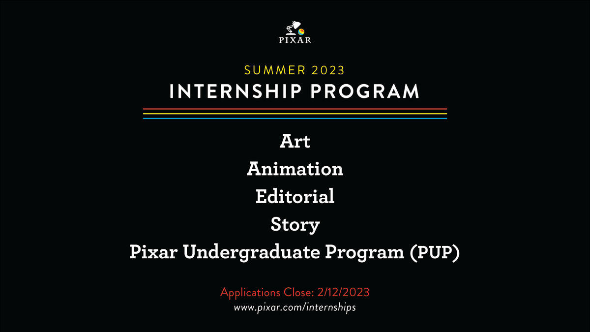 TheCSUEA's tweet photo. Pixar internships for Summer 2023 are now live! The deadline to apply is 2/12/23. For more information, visit https://t.co/b4xgZsLPAP.

#WorkAtPixar #PixarInterns #InsidePixar #pixar #internships #internshipopportunity #summer2023 #art #animation #animationstudents #artists https://t.co/eyP2RyWmnA