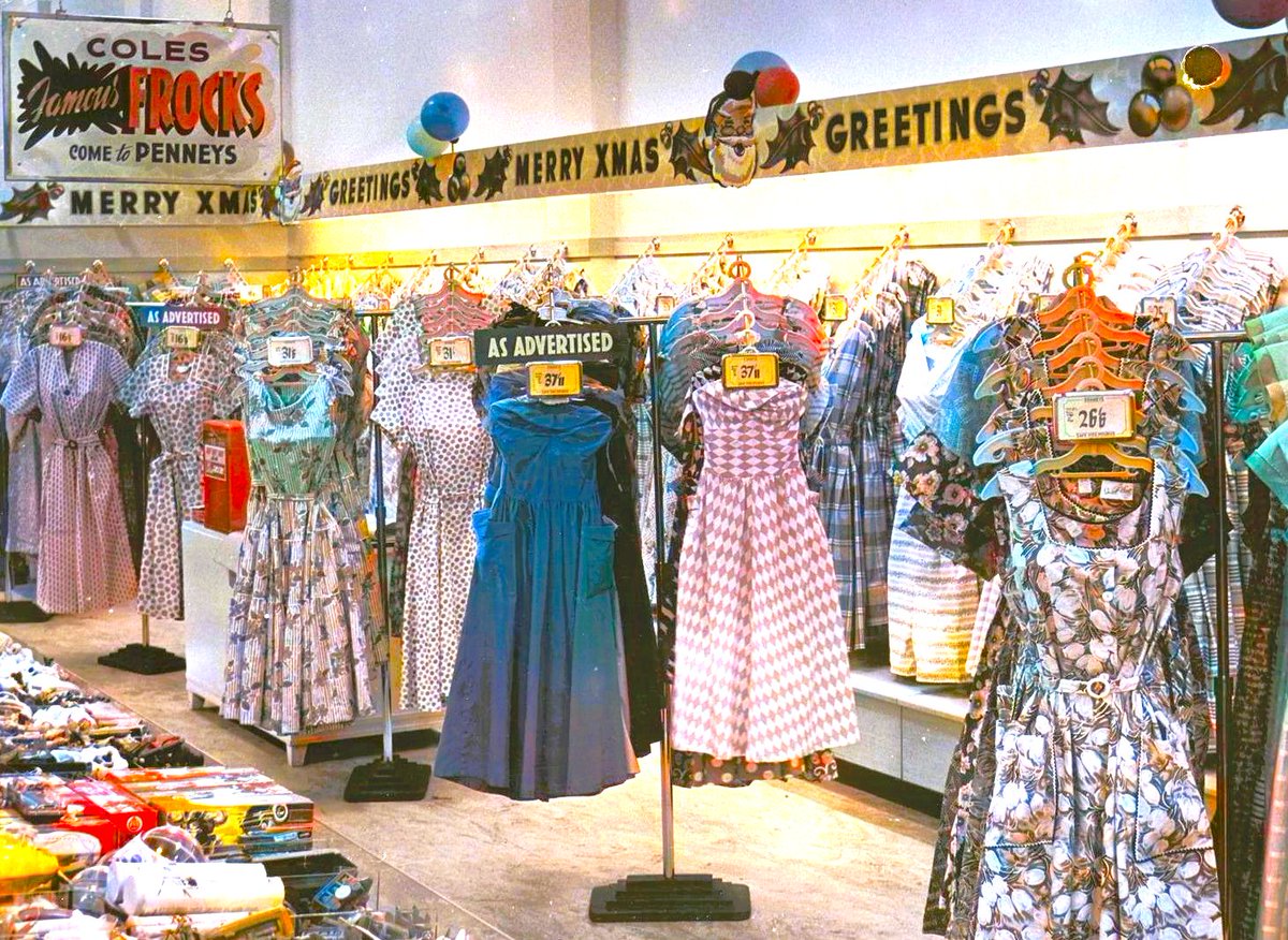 Ideal for a Queensland Christmas. Colourful summer frocks at Penneys department store, Bundaberg c.1957
