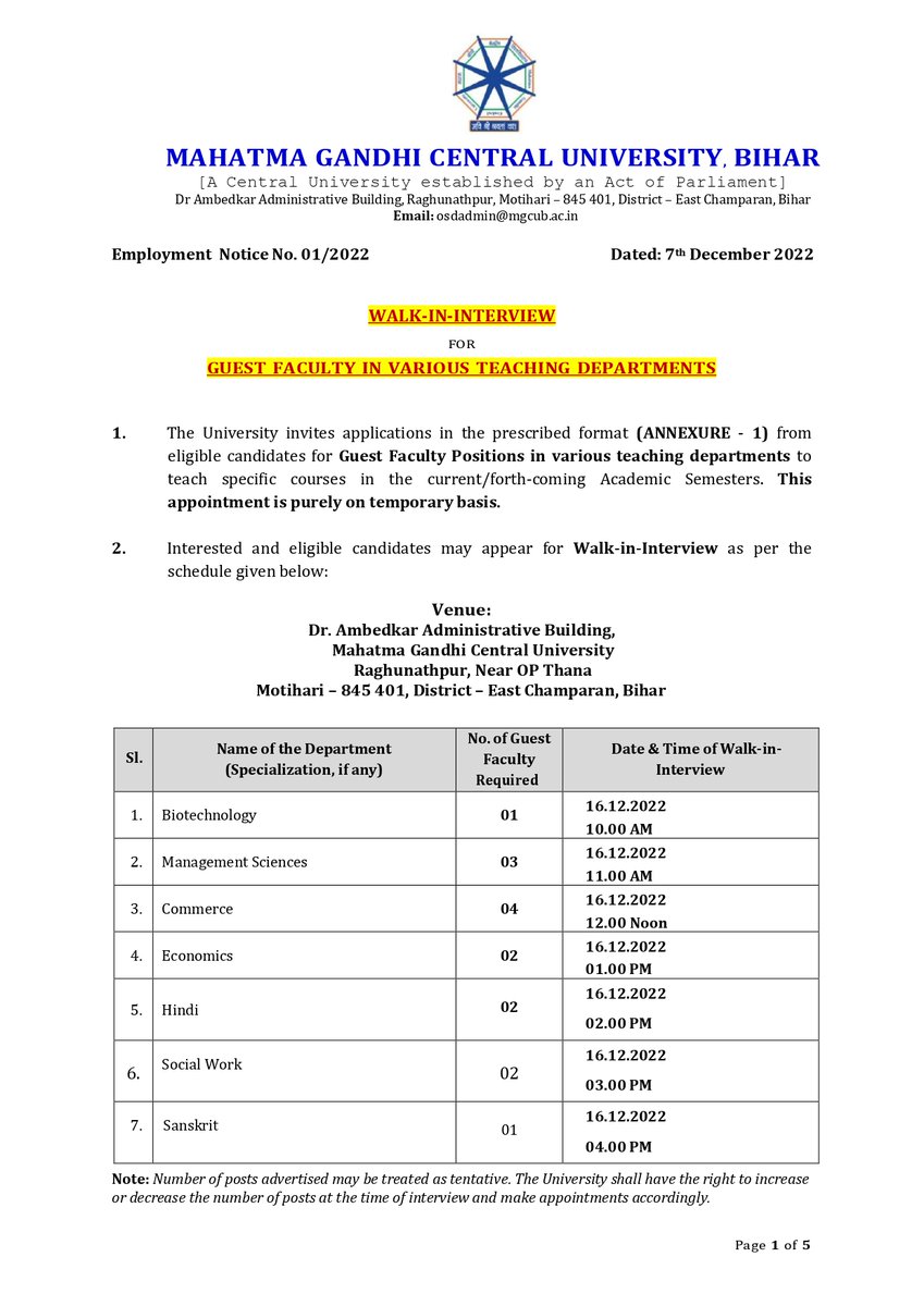 MGCUBihar's tweet photo. #MGCU invites applications from eligible candidates for Guest Faculty Positions in various teaching departments to teach specific courses in the current/forth-coming Academic Semesters. For details follow the link:
https://t.co/HueJvVWfKP
@EduMinOfIndia @ugc_india @PIB_Patna https://t.co/ZAM58Aaa9A
