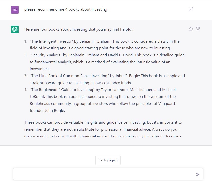 I asked ChatGPT some questions today.

How to get rich?
How should I invest my money?
Please recommend 4 books about investing.

The answers blew my mind! 😱

#investing