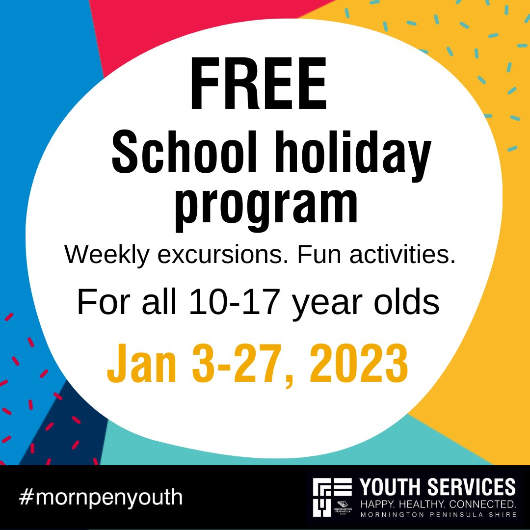 MPSYS FREE school holiday program is on this summer! 🙌 🌞For all 10-17-year-olds, Jan 3-27, 2023. 🌞Drop in each day for fun activities supervised by qualified youth workers. 🌞Register your interest for one of our weekly excursions. For more info//bit.ly/3u9Vtzt