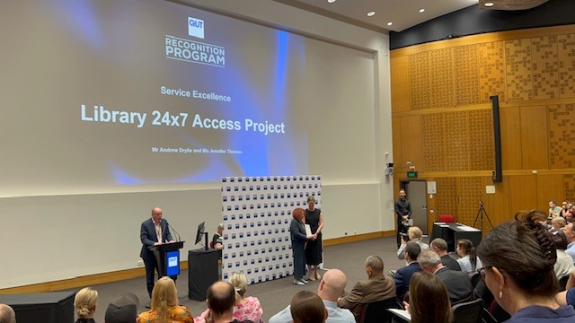 qutlibrary's tweet photo. Congratulations to our very own @JenThomas4 for receiving a VC Award earlier today for her wonderful 24/7 library access project. #QUT https://t.co/MwyreL7Cft